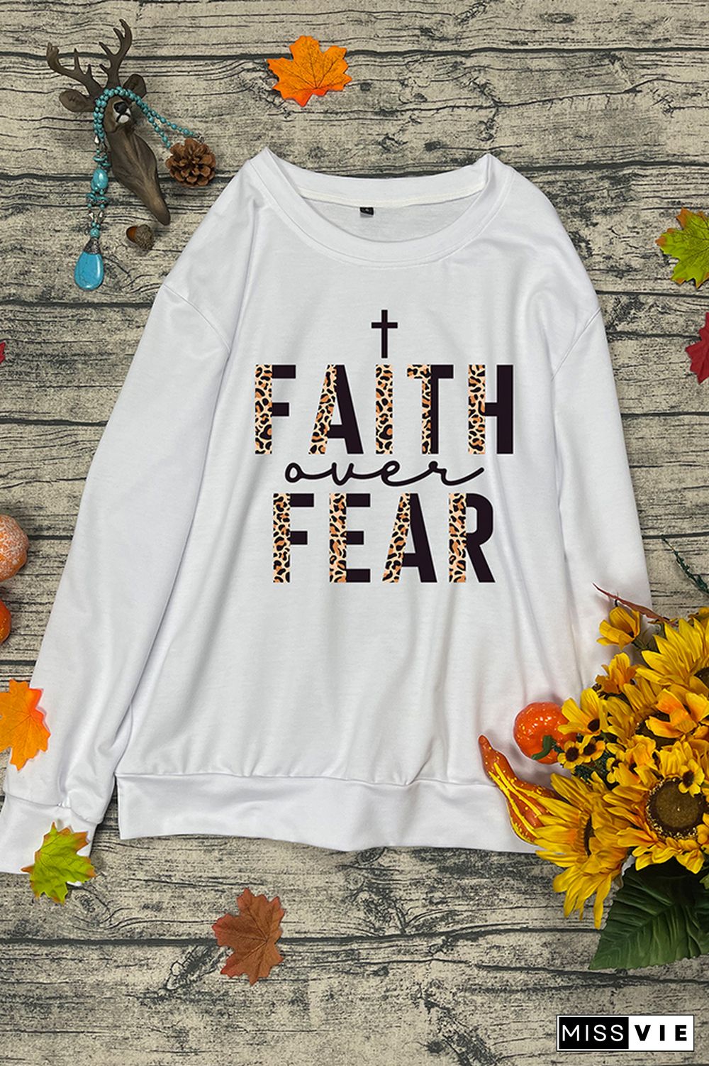 Faith Over Fear Half Leopard Black Print O-neck Long Sleeve Sweatshirts Women Wholesale