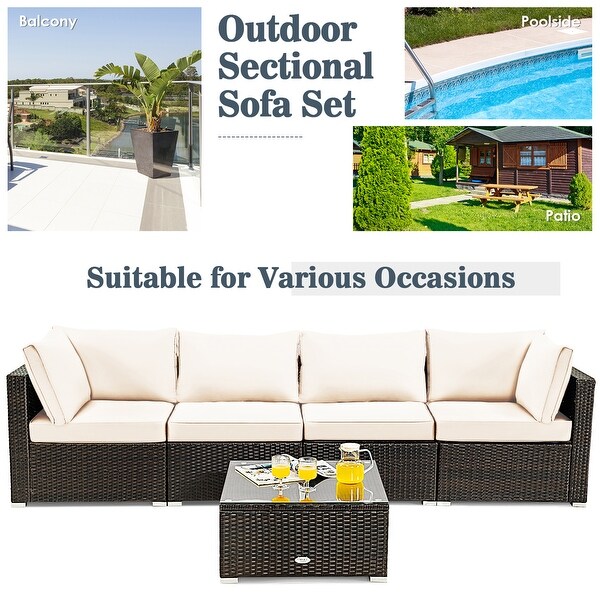 Gymax 5PCS Rattan Patio Conversation Set Sofa Furniture Set w/ White