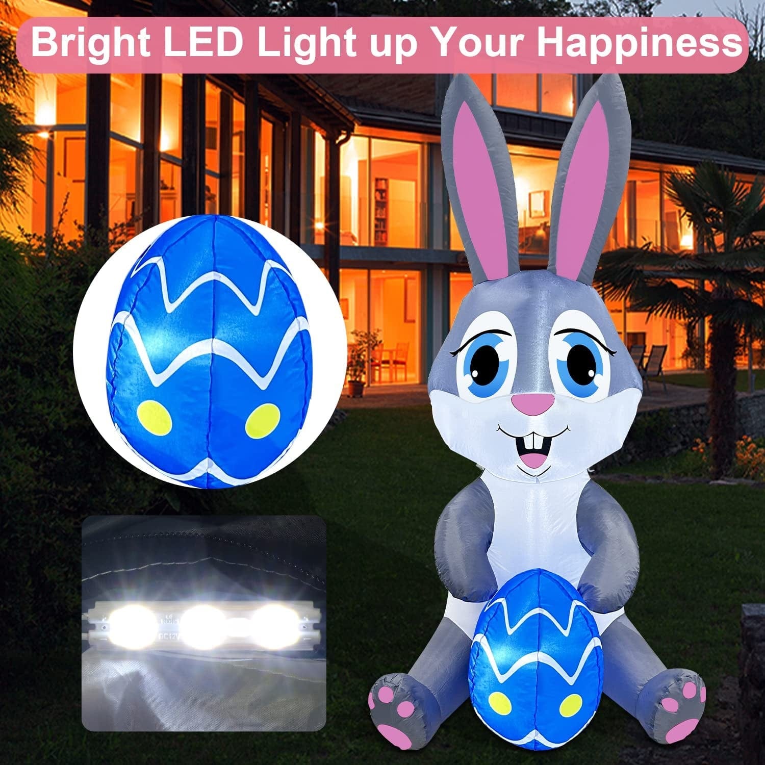 Zukakii 5FT Easter Inflatables Bunny Decorations with Bright Led Light