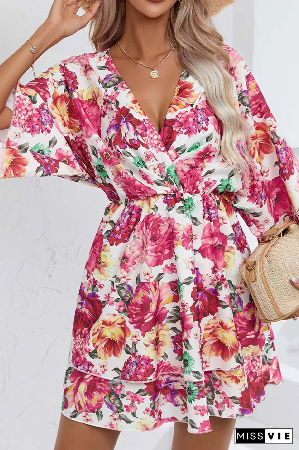 V Neck Drawstring Floral Dress