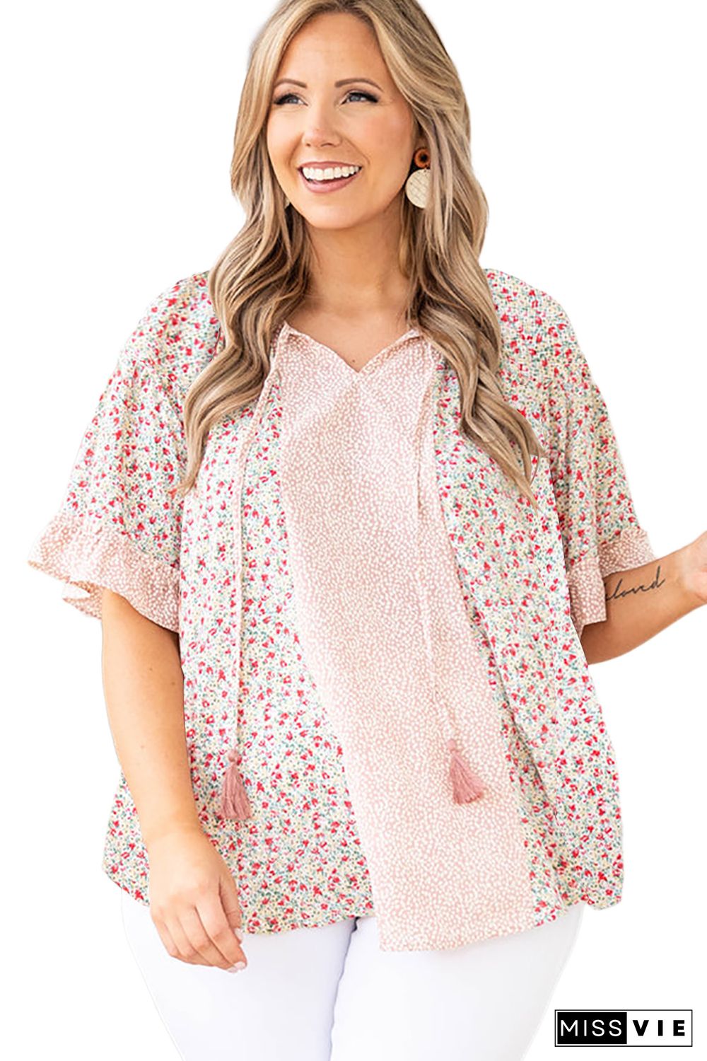 Pink Plus Size Dotty Floral Patchwork Tassel Tie V Neck Top