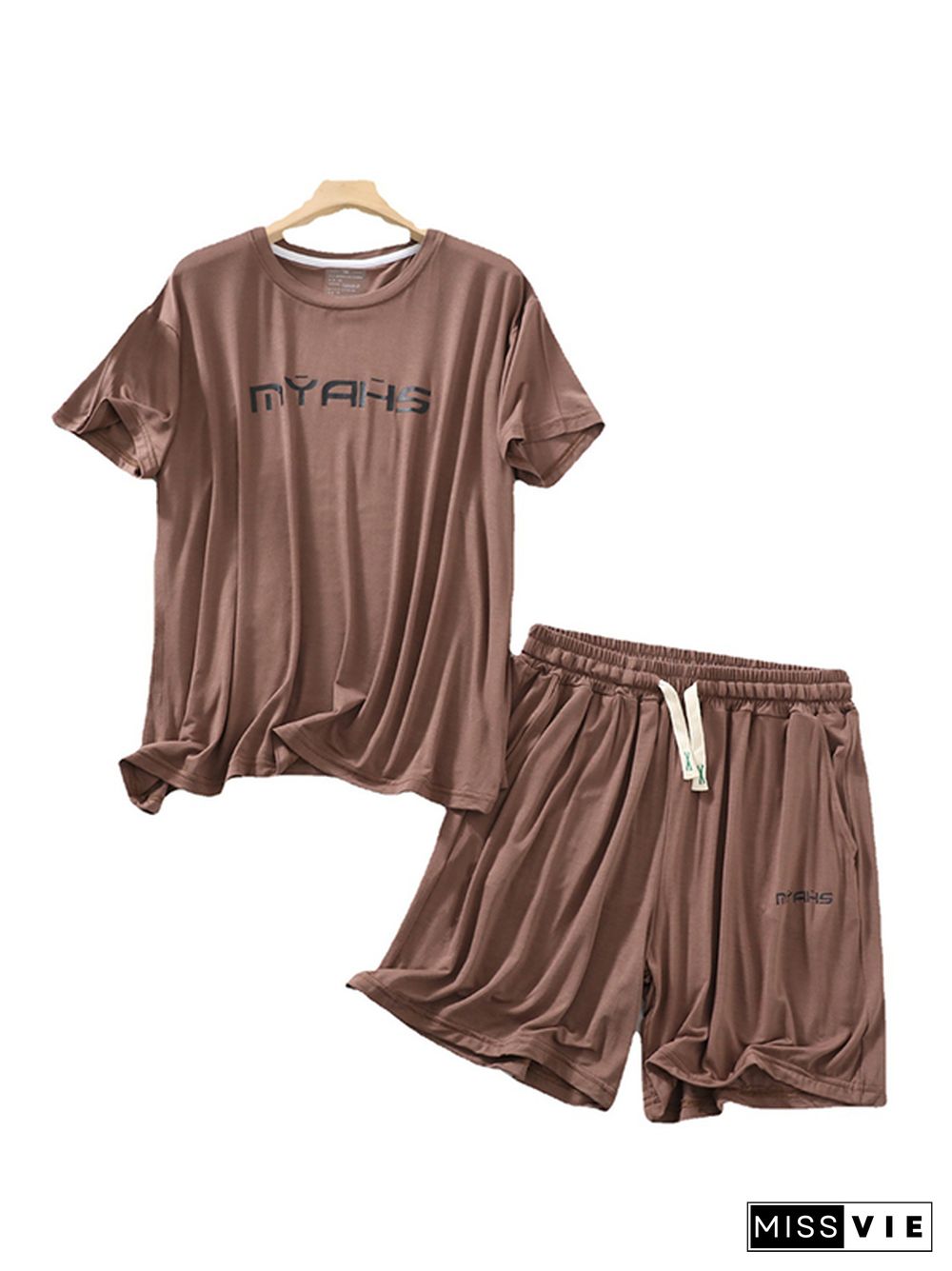 Loose Short Sleeves Round-Neck T-Shirt Top +Drawstring Elasticity Pleated Shorts Pajama Sets