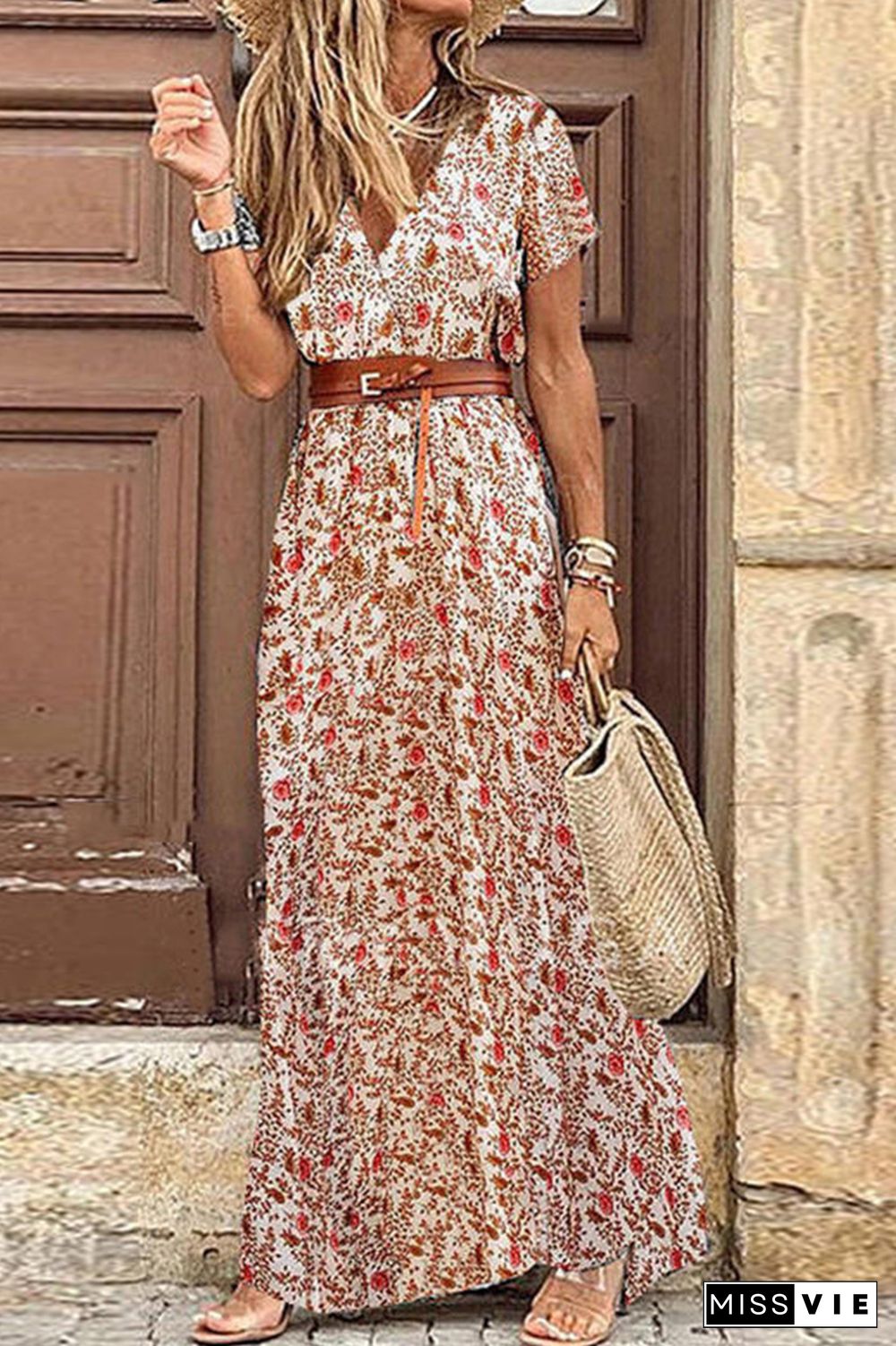 Fashion Elegant Print Slit Without Belt V Neck A Line Dresses(7 Colors)