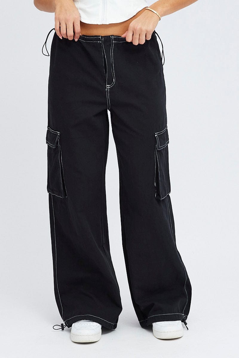 Black Parachute Pants Low Rise