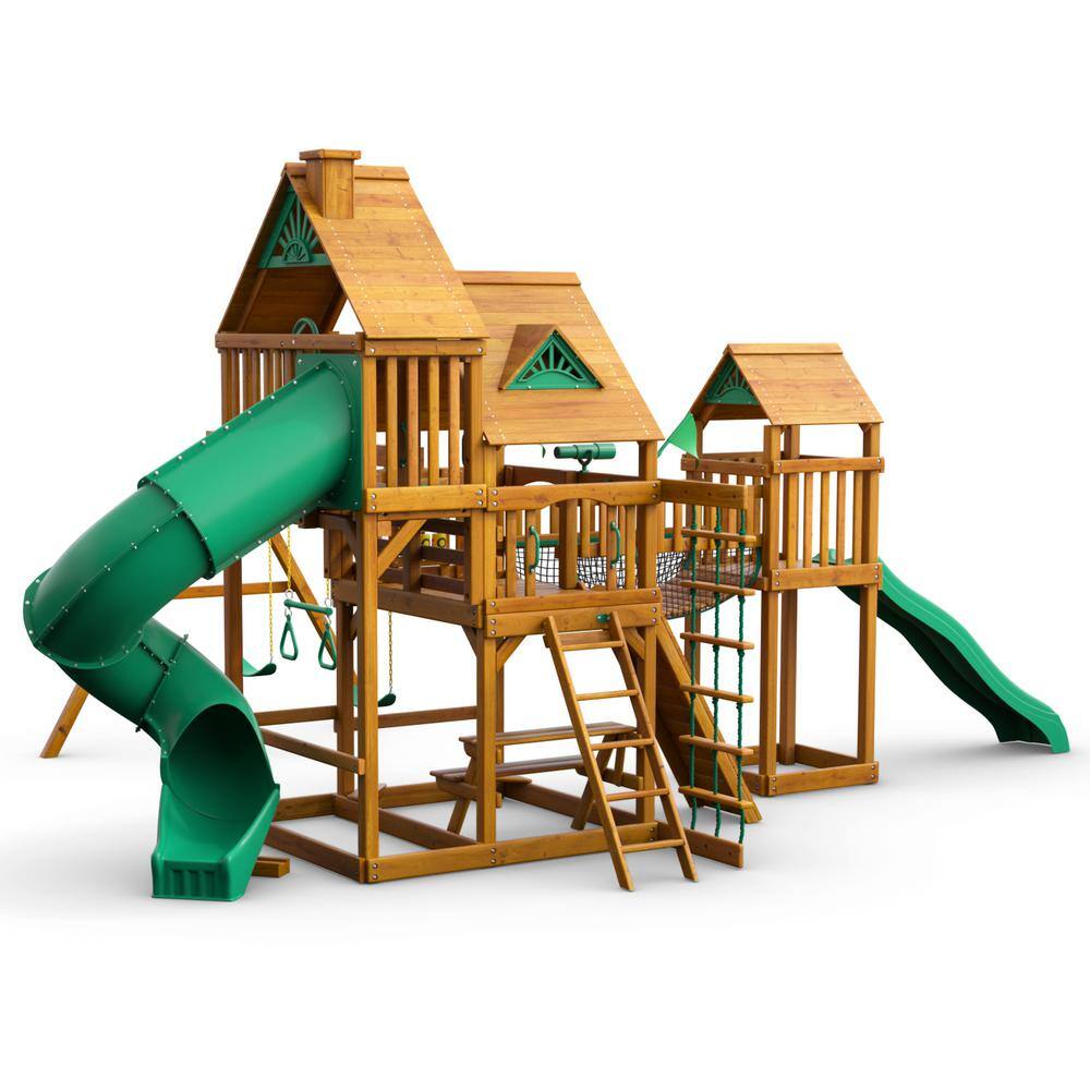 Gorilla Playsets Treasure Trove I Wooden Outdoor Playset with 2 Slides Clatter Bridge Rock Wall and Backyard Swing Set Accessories 01-1021-AP