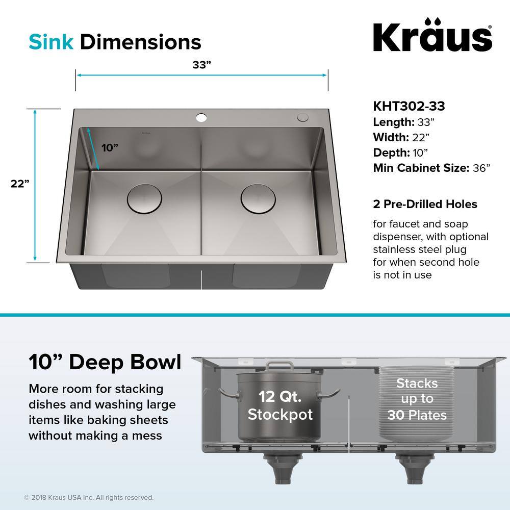 KRAUS 16- Gauge Stainless Steel 33 in. Standart Pro Double Bowl UndermountDrop-In 2-Hole Kitchen Sink with Pull Down Faucet KHT302-33-1610SFS