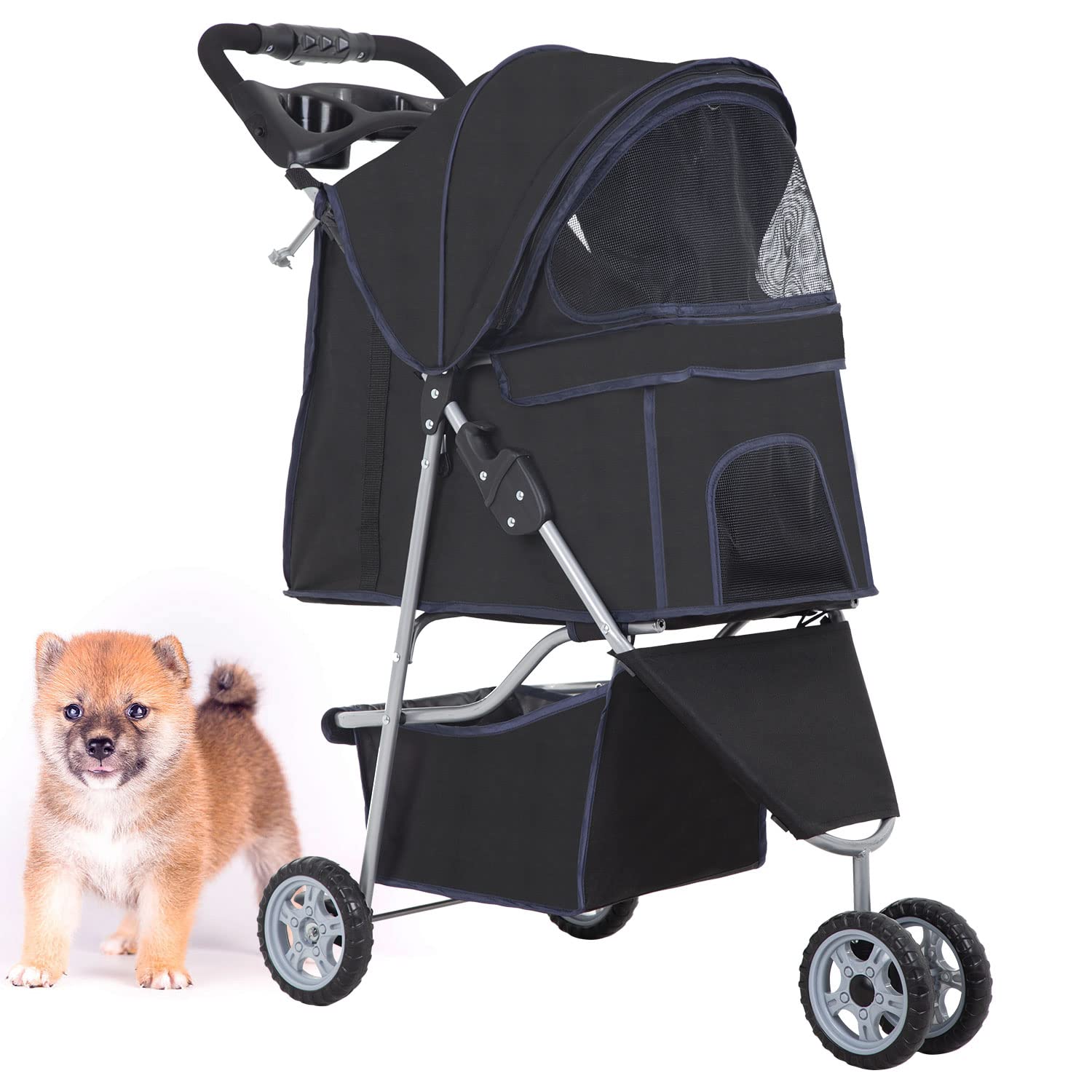 BestPet 3 Wheels Pet Stroller Dog Cat Stroller Folding Carrier Waterproof with Cup Holder (Black)