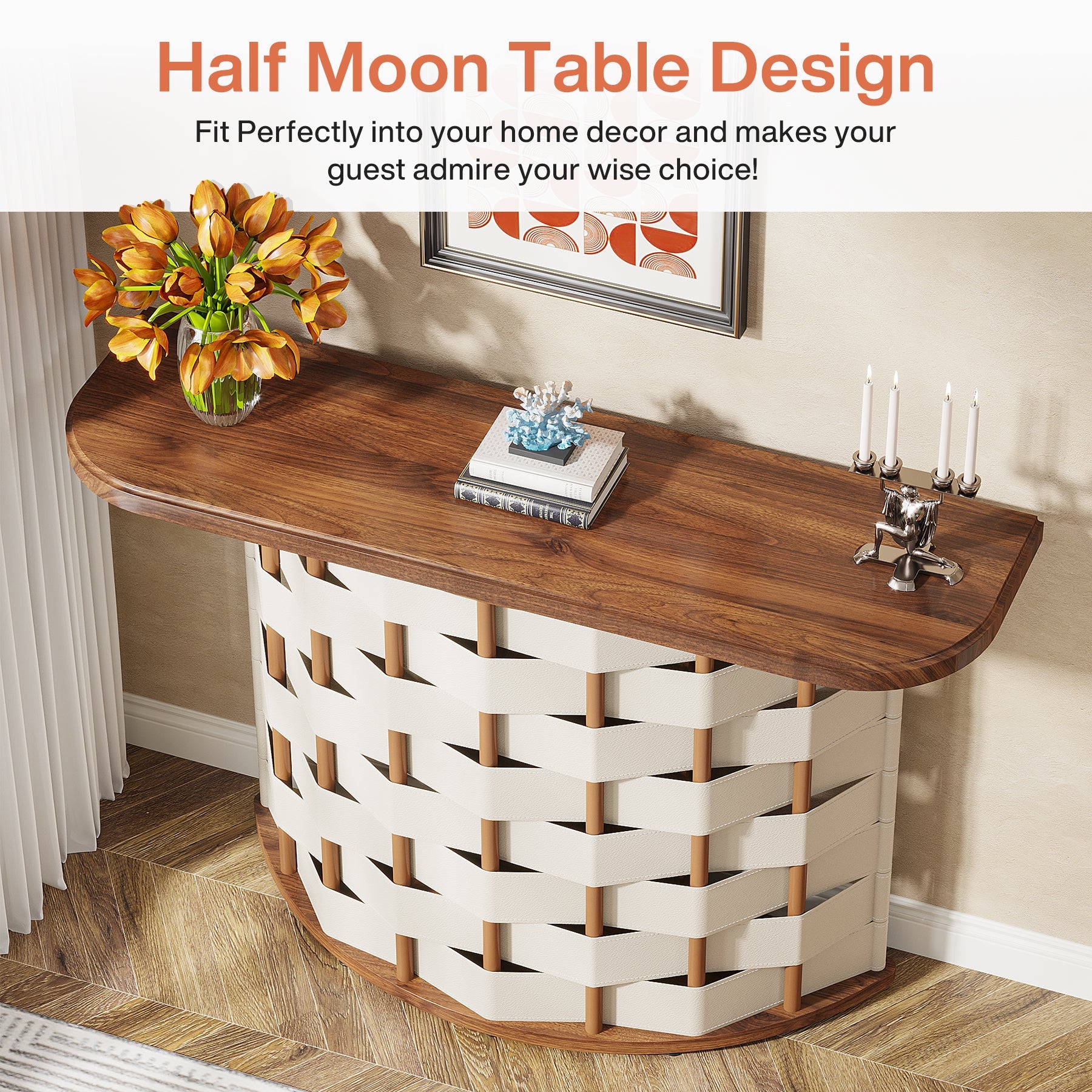 Half-Moon Console Table, 47-Inch Sofa Table with Woven Leather Base