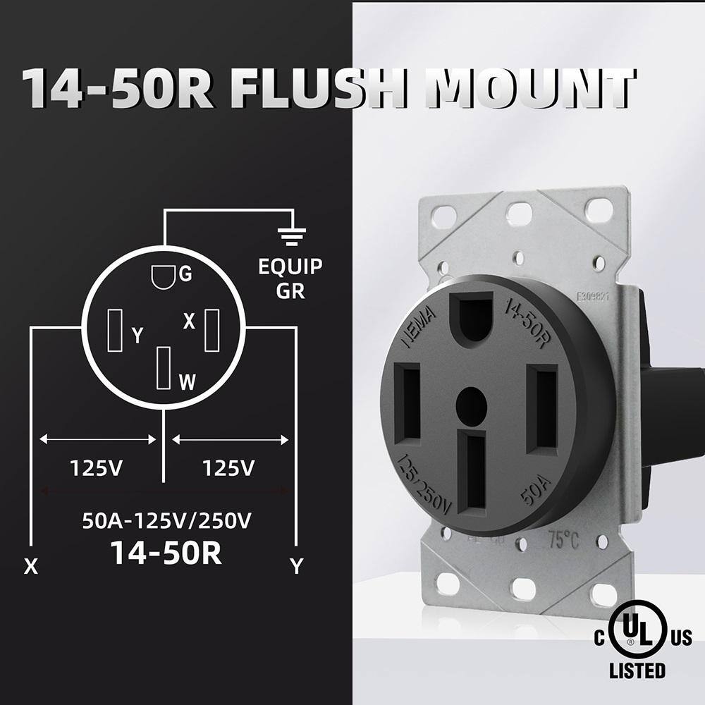 ELEGRP 50 Amp 125250V NEMA 14-50R Flush Mount Power Outlet Single Straight Blade Range and Dryer Outlet Grounding Black 2106S