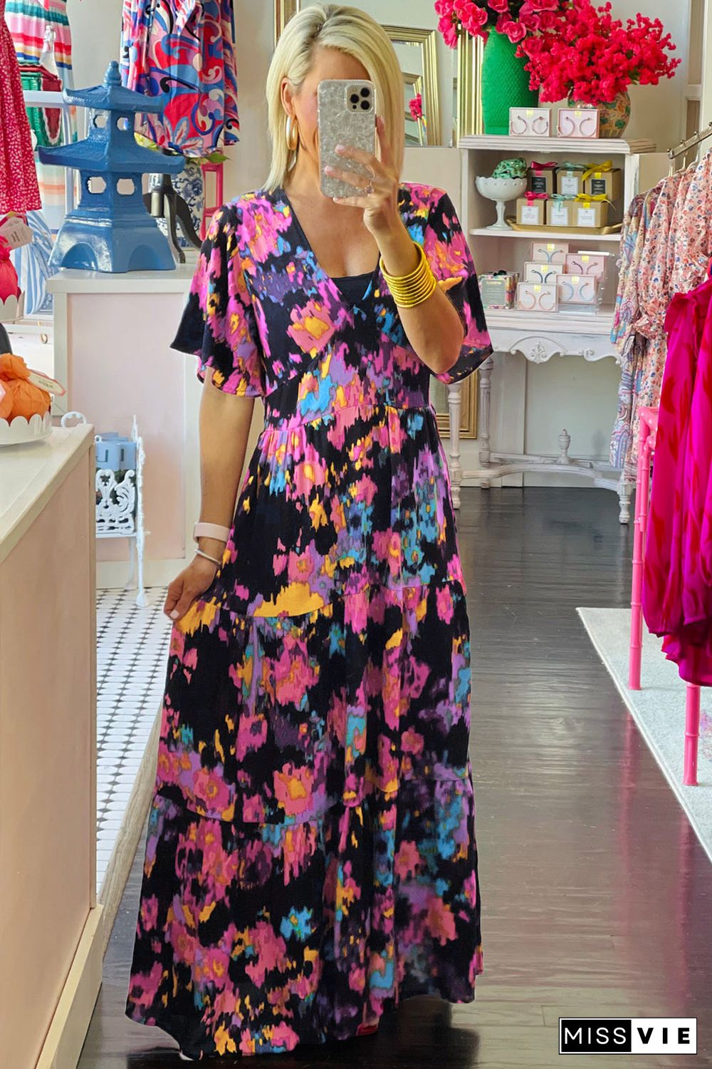 Black Abstract Floral Pattern Flutter Sleeve Tiered Maxi Dress