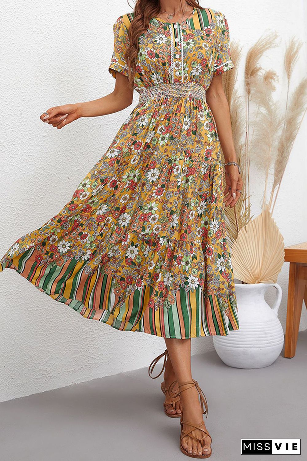 Flower And Stripes Printinig Patchwork Bohemia Dress