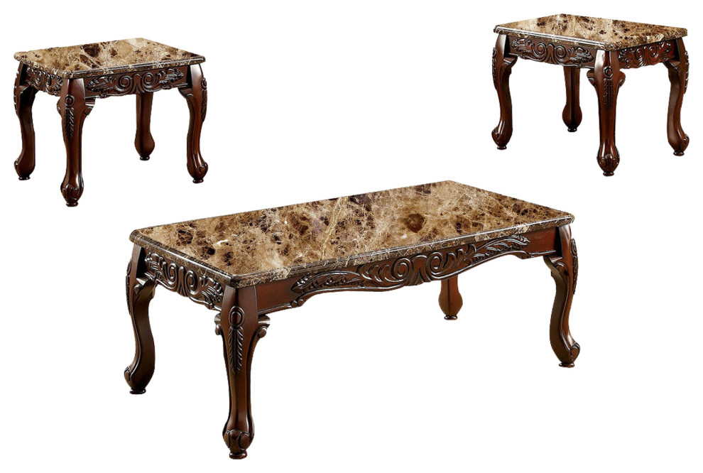 3 Piece Occasional Wooden Table Set With Marble Top  Brown   Victorian   Coffee Table Sets   by VirVentures  Houzz