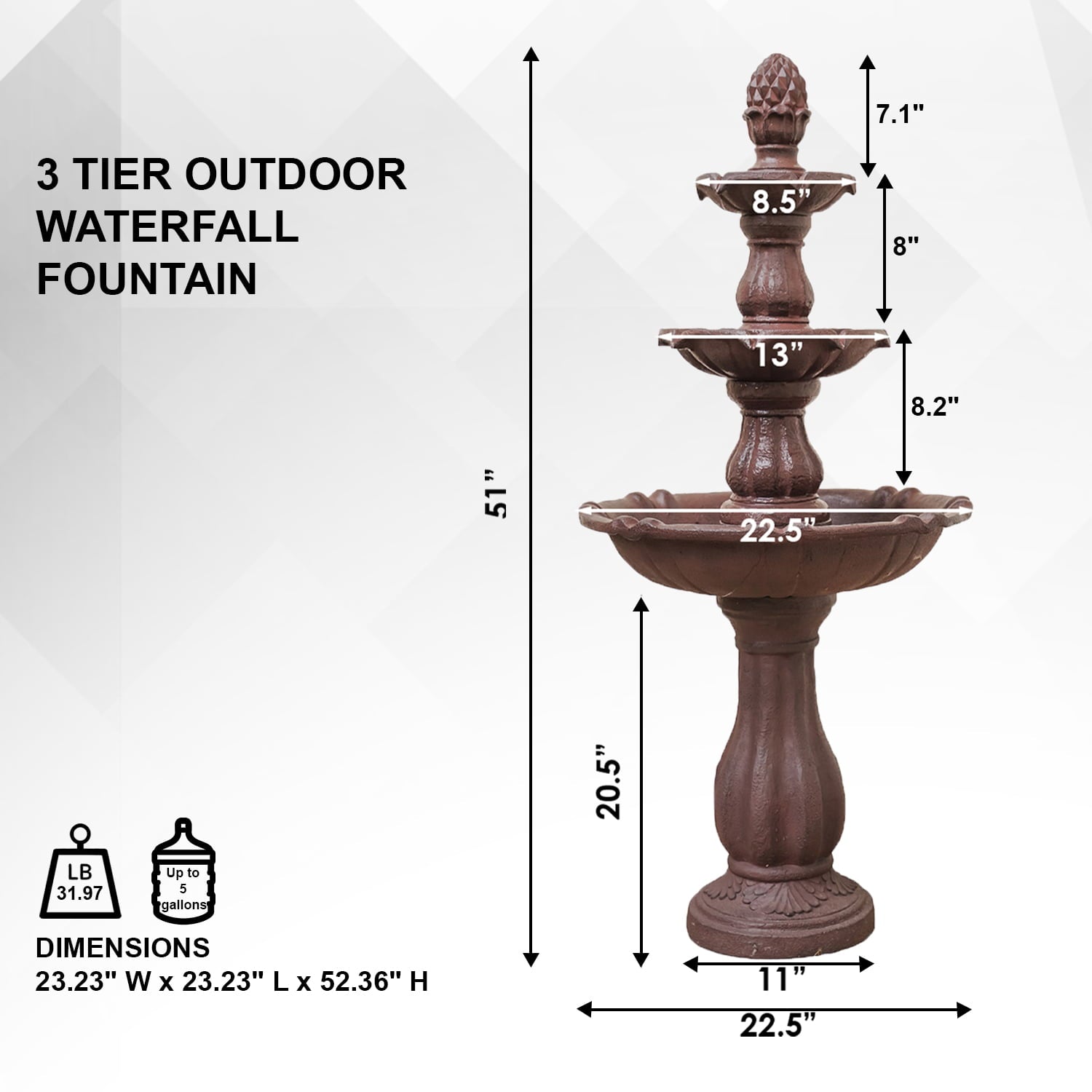 XBrand 3-Tier Freestanding Waterfall Fountain， Outdoor Garden， Yard， Lawn， Porch Décor， 51 Inch Tall， Brown