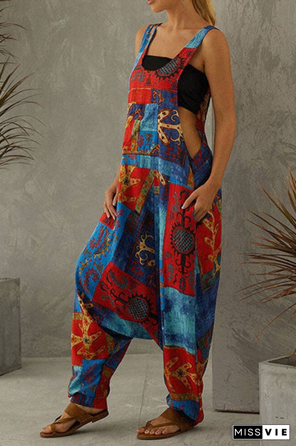 Fashion Retro Printed Loose Jumpsuits