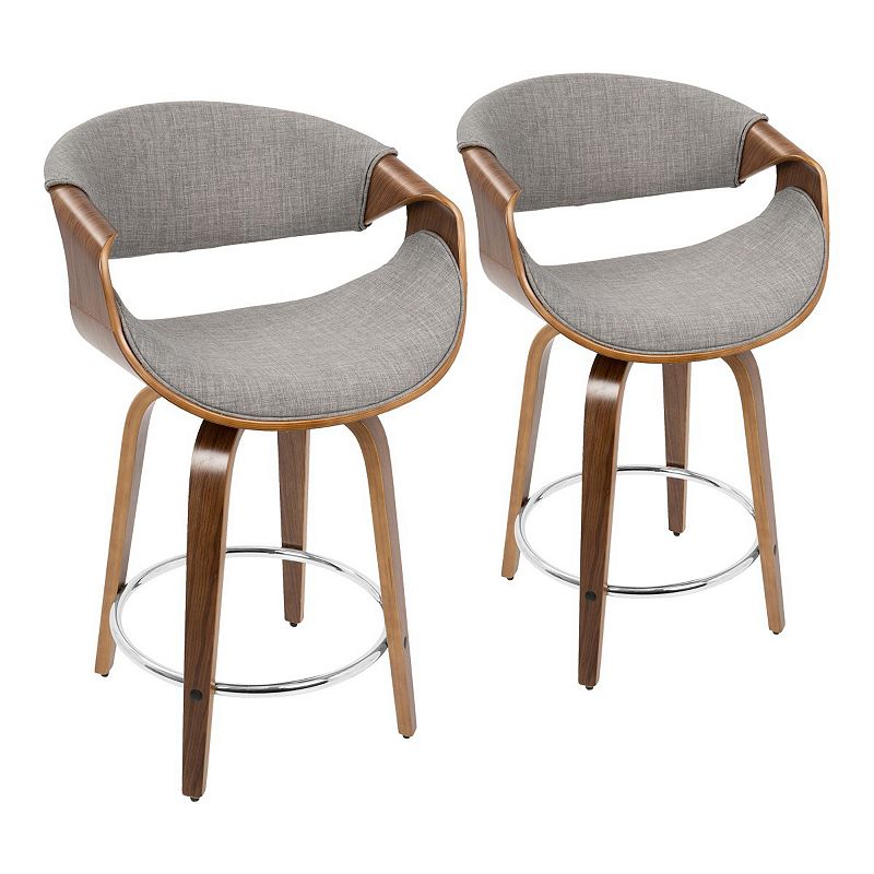 Set of 2 Walnut Wood and Light Gray Fabric Swivel Indoor Comfortable Counter Stools 34.75