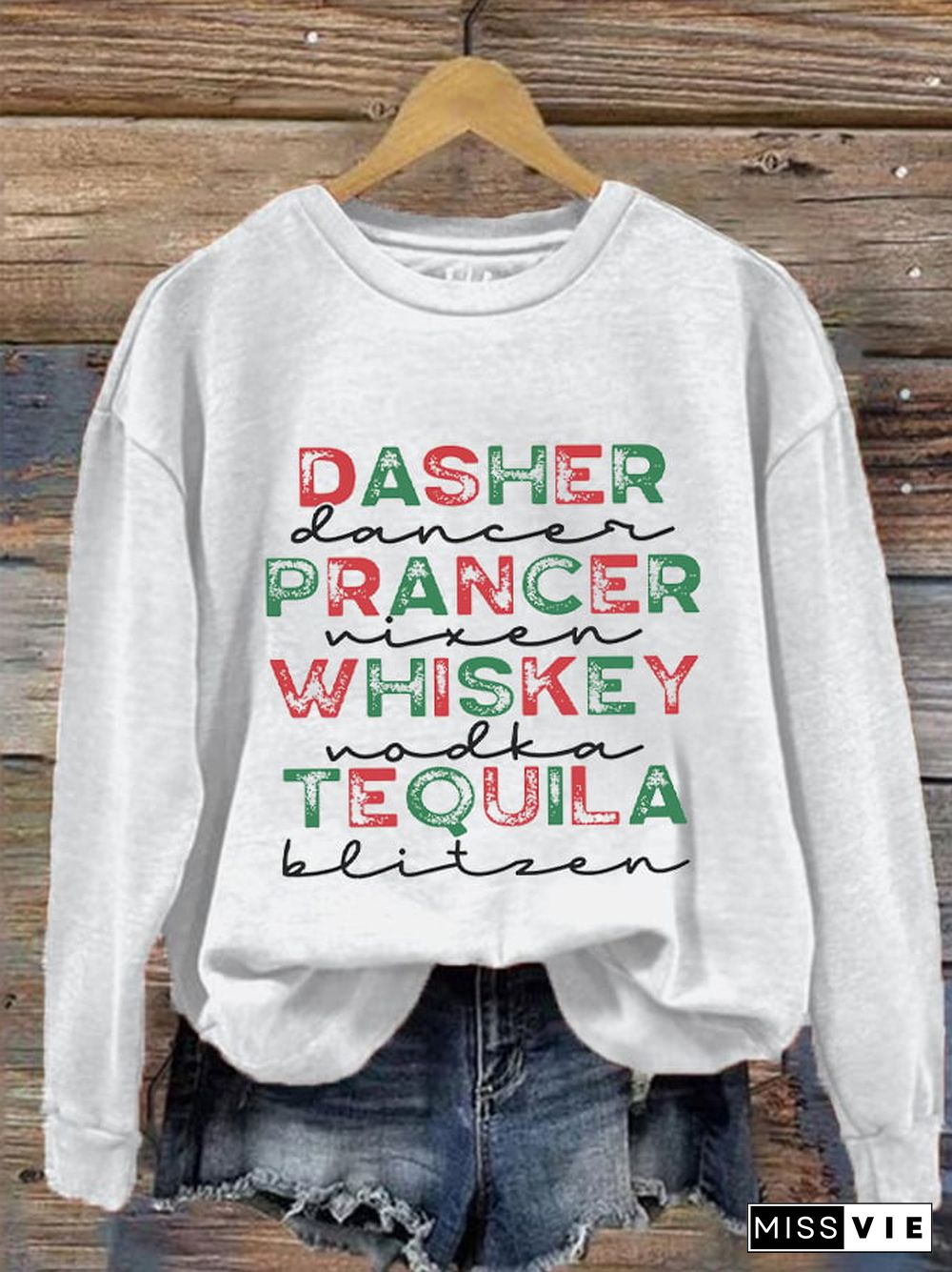 Women's Funny Christmas Dasher Dancer Prancer Vixen Comet Cupid Donner Blitzen Rudolphr Printed Sweatshirt