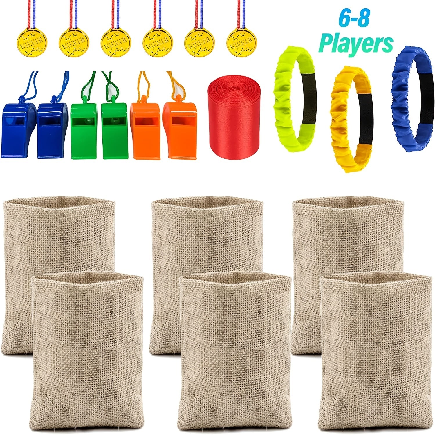 6pcs 23x40” Potato Sack Race Burlap Bags  3-Legged Relay Race Bands  For Adults And Kids  Prizes  Whistles and Rope For Halloween  Outdoor Games and Activities  Lawn Yard  BBQ