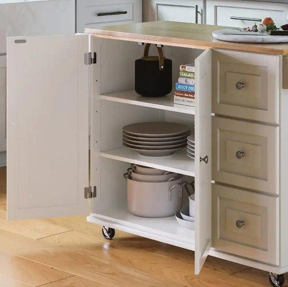 HOMESTYLES Dolly Madison White Kitchen Cart with Natural Wood Top