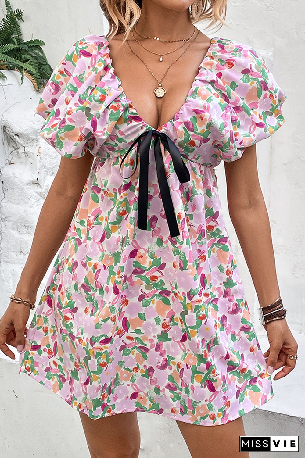 V Neck Ruffles Bubble Sleeves Floral Dress