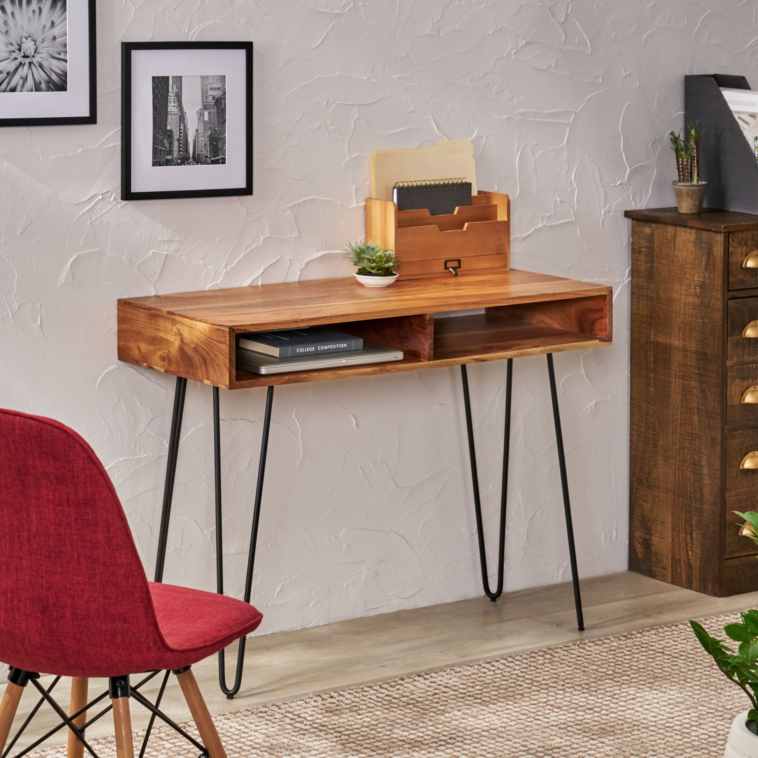 Reidsville Modern Industrial Handcrafted Acacia Wood Storage Desk with Hairpin Legs