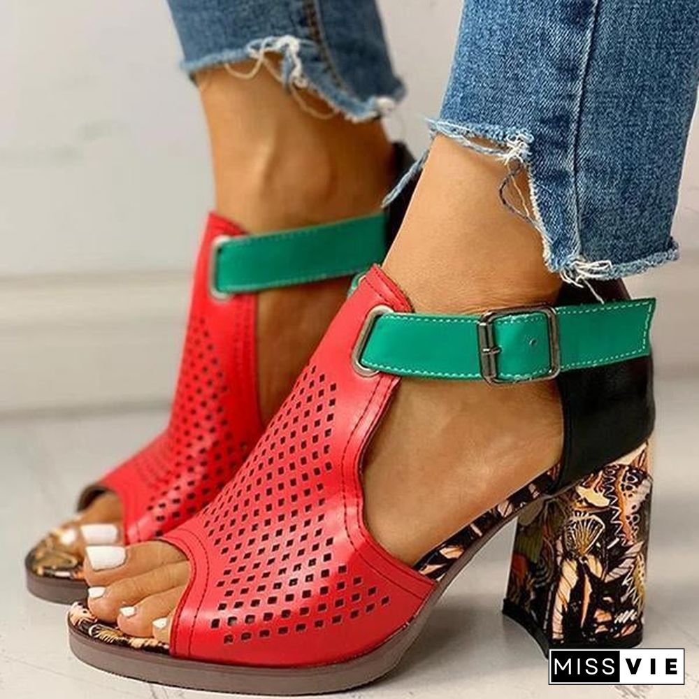 Women Colorblock Hollow Out Chunky Heeled Sandals