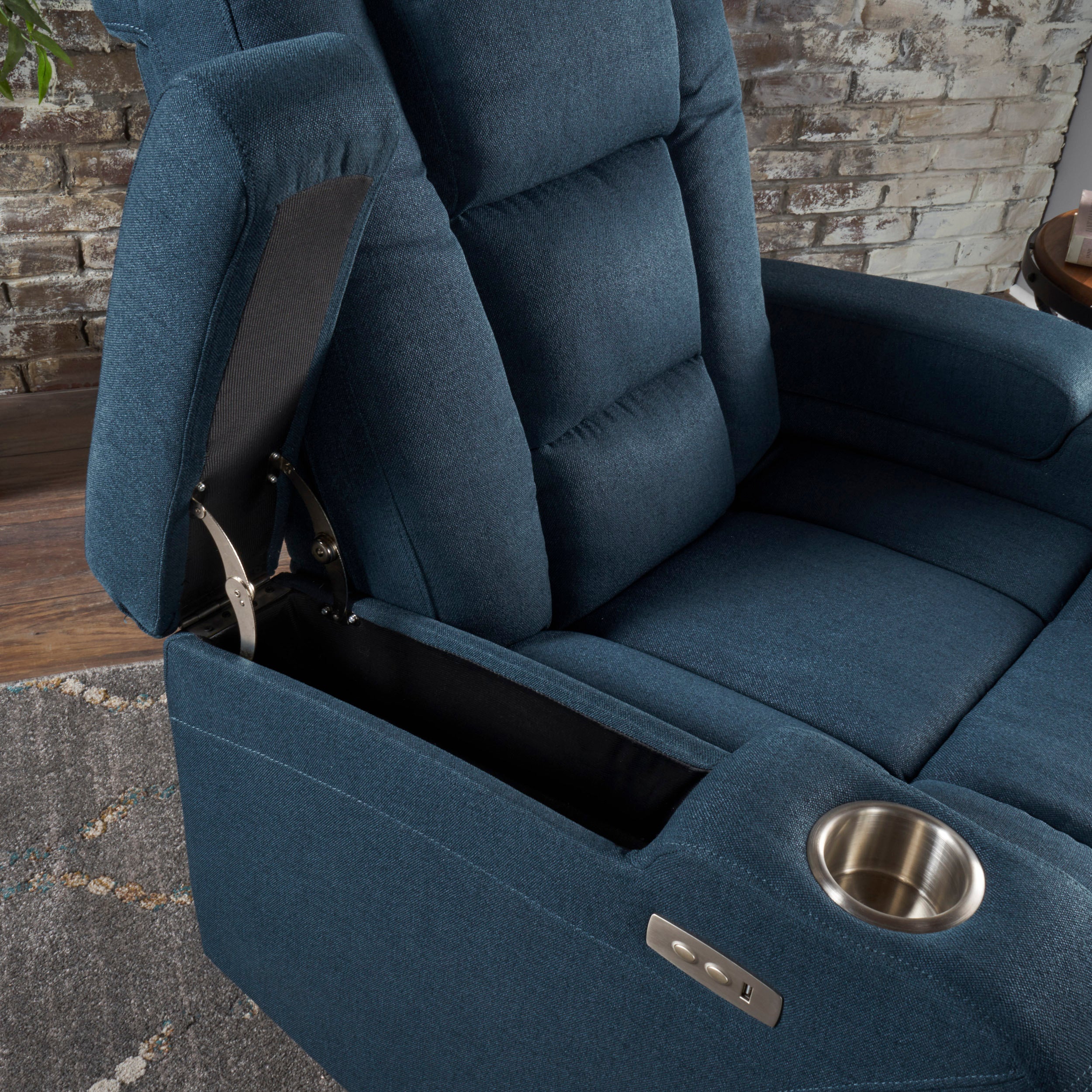 Everette Fabric Power Recliner with Cup Holder, USB Charger, and Storage