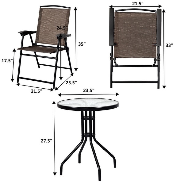 Costway 3PC Bistro Patio Garden Furniture Set 2 Folding Chairs Glass