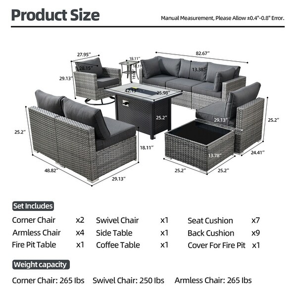 HOOOWOOO 10piece Patio Wicker Furniture Sectional Sofa Set Swivel Rocker with Fire Pit Table