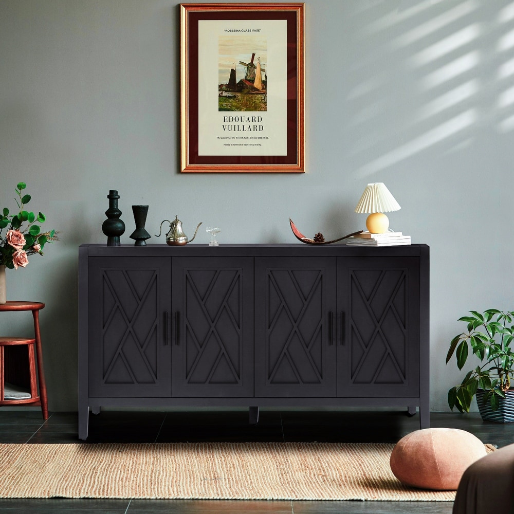 4 Door Wooden Twill Sideboard Cabinet  Vintage Style Buffet Sideboard  Hallway Entryway Storage Cabinet