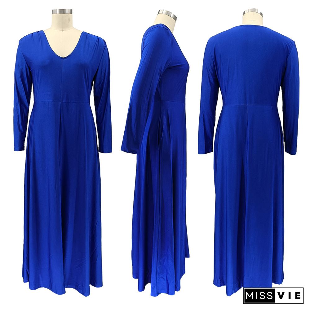 Large Size Solid Color V-neck Long-sleeved Mopping Dress