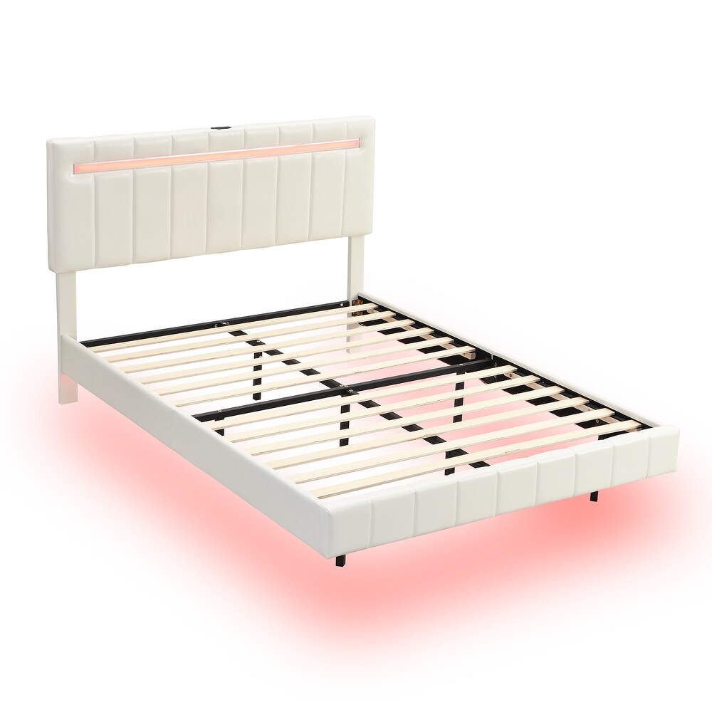 Floating Bed Frame w/ LED Lights Headboard Unique PU Upholstered Platform LED Bed Frame w/ USB Power Strips No Box Spring Needed