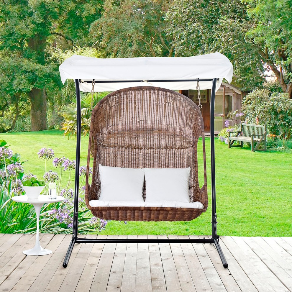 Modern Contemporary Urban Outdoor Patio Balcony Swing Chair  White  Rattan   Tropical   Hammocks And Swing Chairs   by House Bound  Houzz