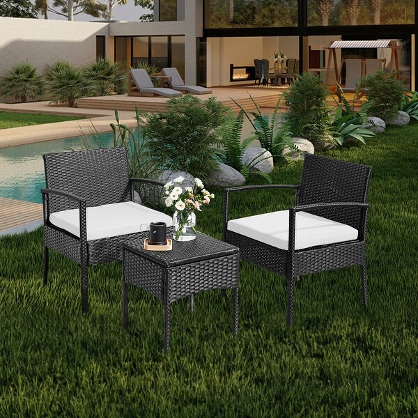 Outdoor Furniture 3 Piece Patio Bistro Furniture Set，Rattan Conversation Chairs Set with Side Table and Cushions