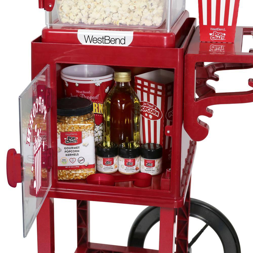 West Bend Popcorn Cart 2.5 oz Non-Stick Stainless Steel Kettle Makes 10 Cups Cabinet Built-In Light with Spoon  Scoop PCMC20RD13