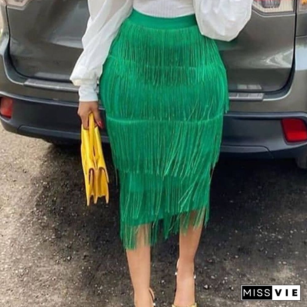 Green Fringe Bodycon Pencil Skirts Tassel High Waist Women Stretch Sheath Midi Length Ladies Slim Jupe Saias Faldas Big Size