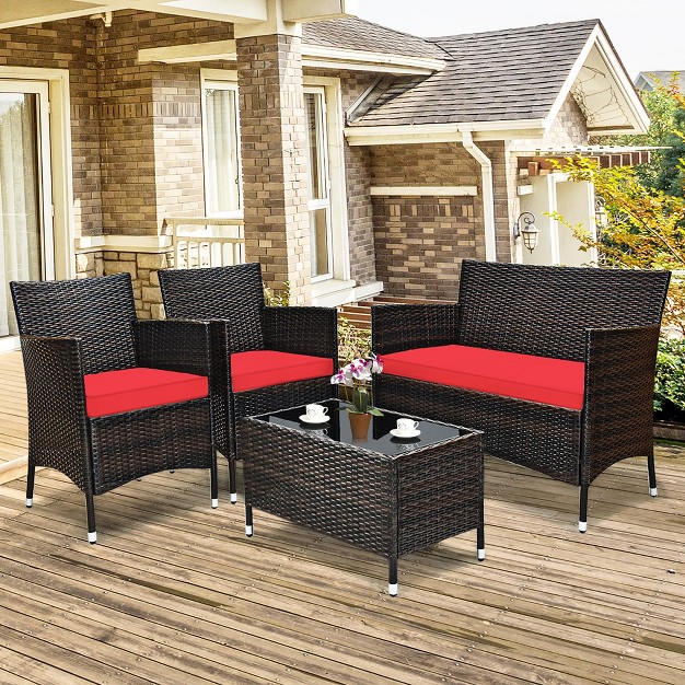 Costway 4pcs Patio Furniture Set Rattan Conversation Set W Tempered Glass Coffee Table Cushion Red