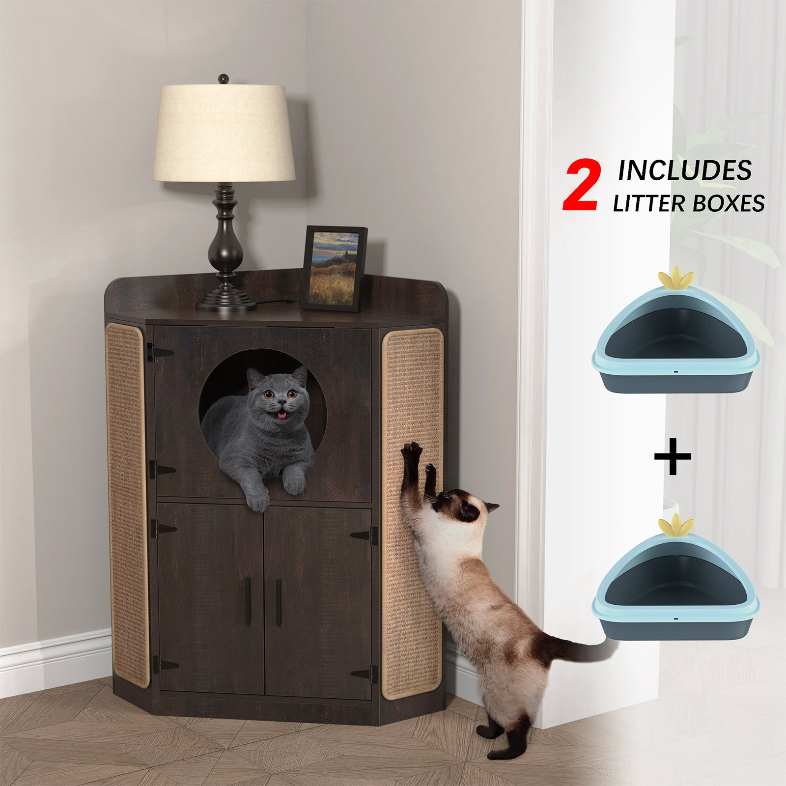 GDLF Litter Box Enclosure， Corner Furniture Style Cat House with Scratch Pad and 2 Corner Litter Boxes Included