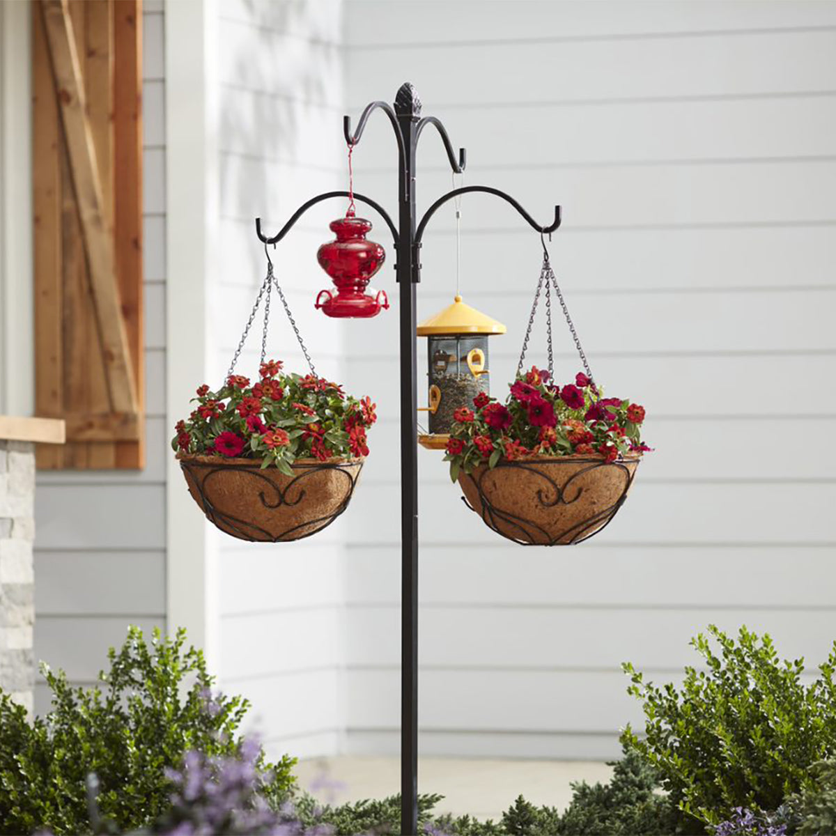 84" High Steel Black 4-Way Shepherd's Hook Kit Box Hanging Baskets Birdfeeder Lanterns