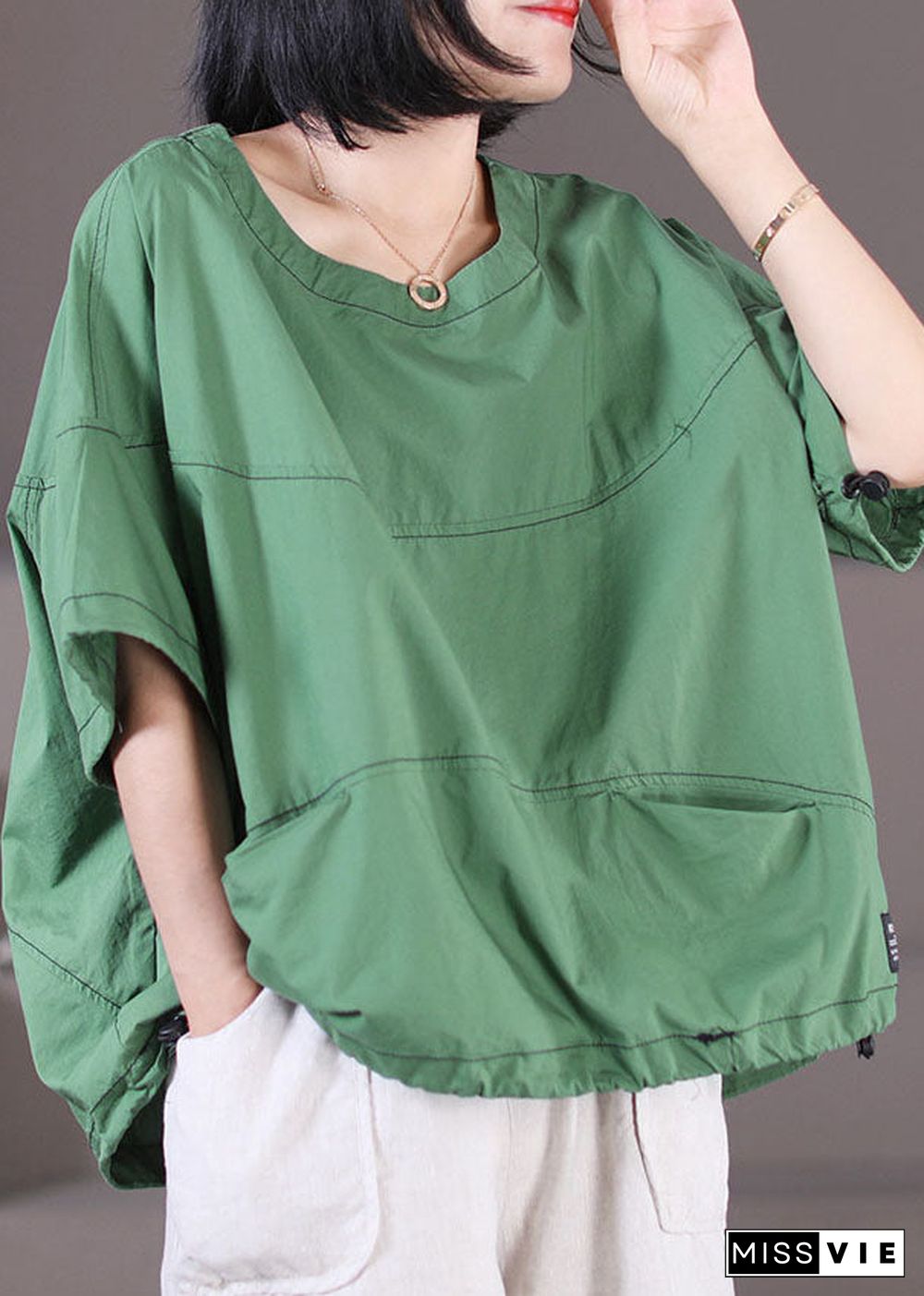 Green Pockets Cotton Tank Tops O-Neck Drawstring Short Sleeve