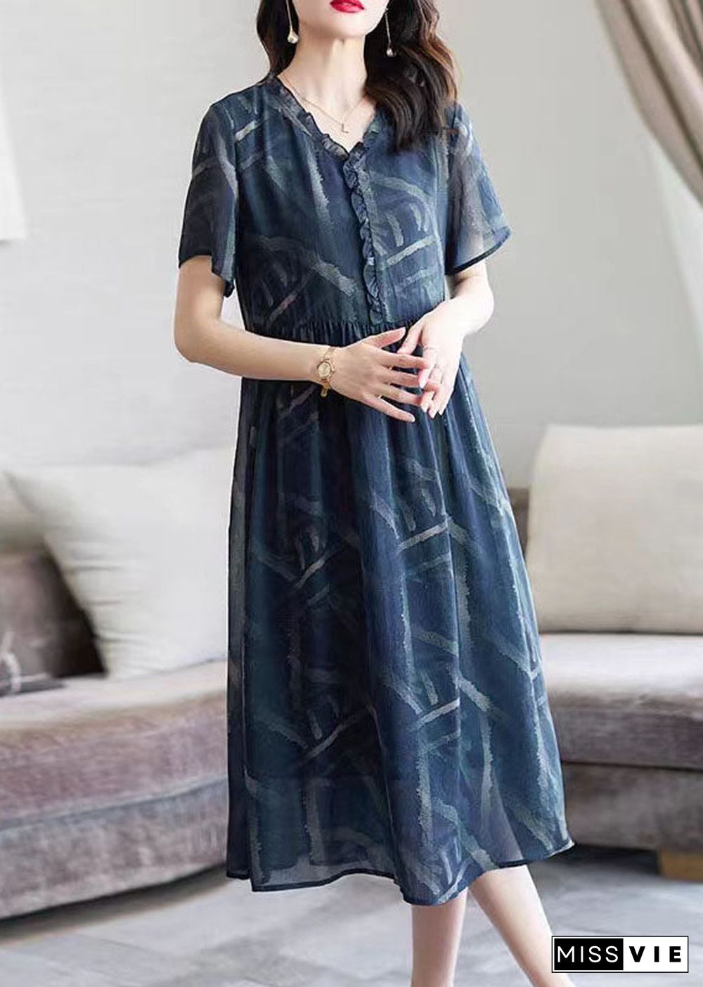 Art Blue V Neck Ruffled Print Patchwork Chiffon Dresses Summer