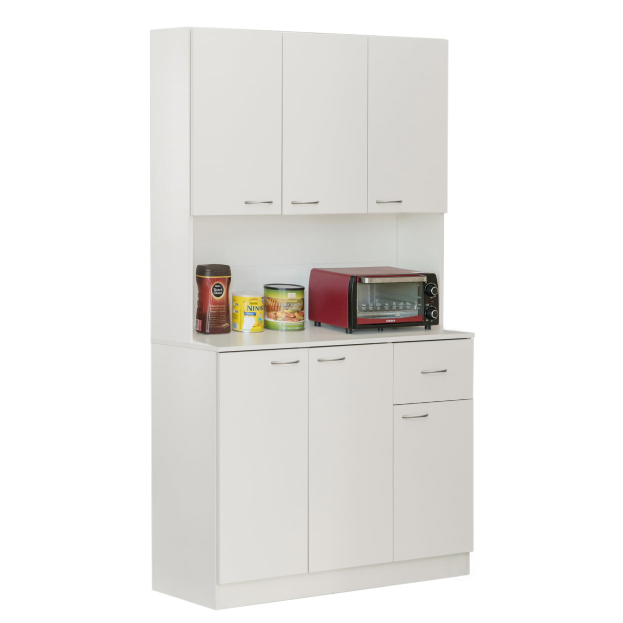 Wooden Kitchen Pantry Storage Cabinet with Drawer， Doors and Shelves， White