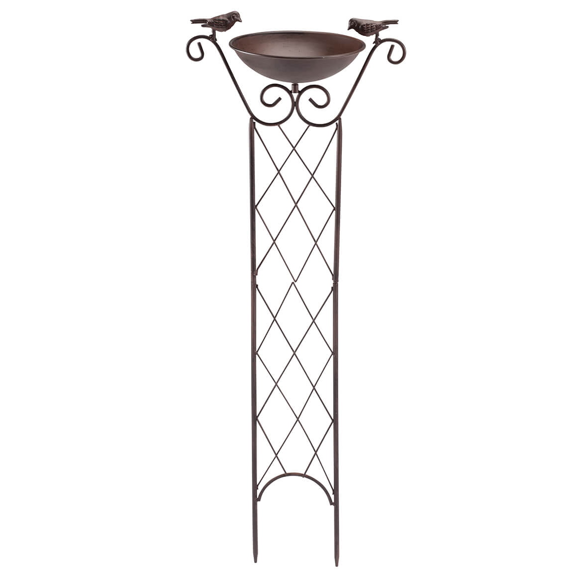 Fox Valley Traders Weatherproof Metal Bronze Finish Bird Bath with Trellis, 31” H x 12” W – Decorative Birds on Wrought Iron Trellis, Climbing Flowers & Vines, Bowl 7.5” Diameter