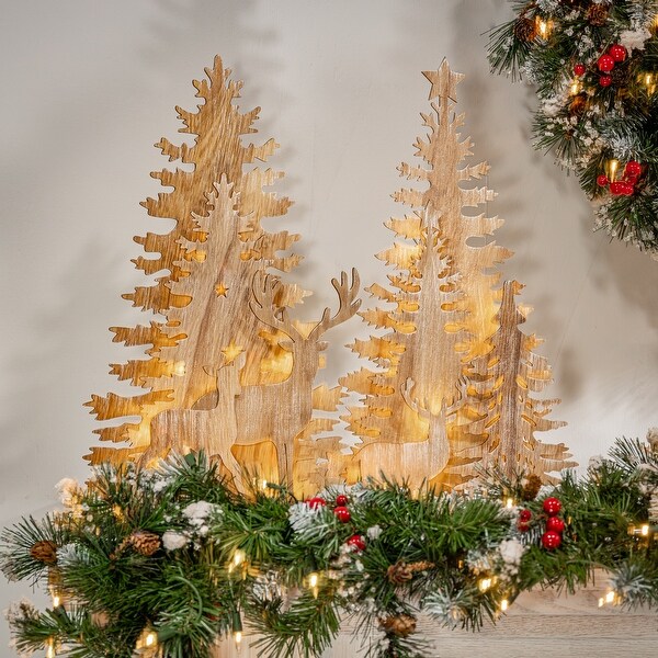 Set of 2 17.25 in Lighted Laser Cut Trees and Reindeer Tabletop Décor