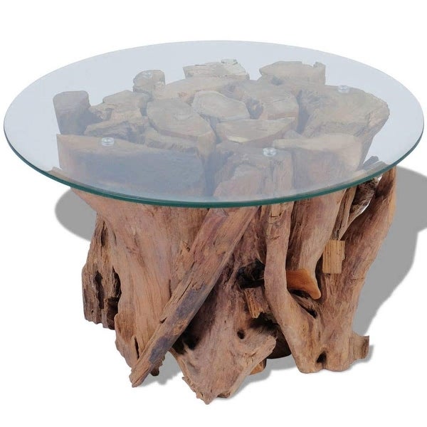 Solid Teak Driftwood Coffee Table with Strong Tempered Glass and Teak Base Living Room Side Tea Stand