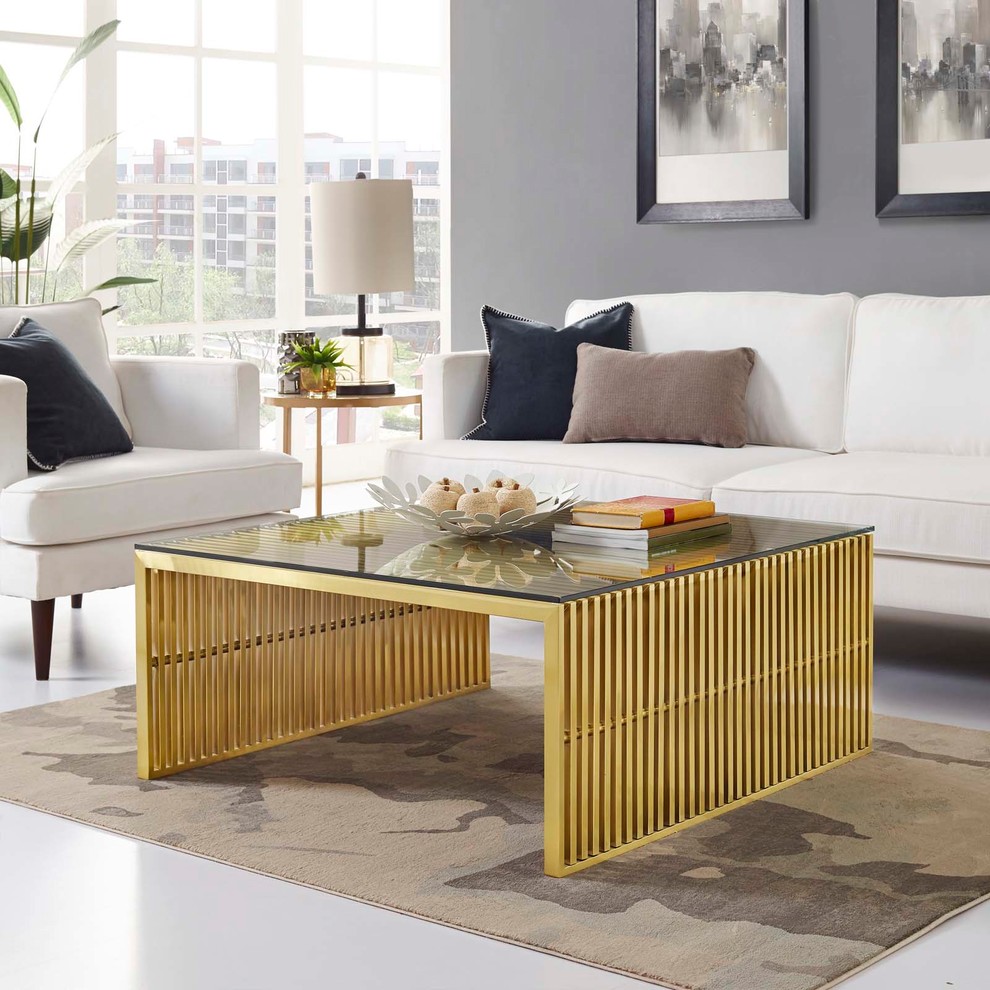 Modern Deco Coffee Table  Metal Steel Stainless Steel Glass  Gold   Contemporary   Coffee Tables   by House Bound  Houzz