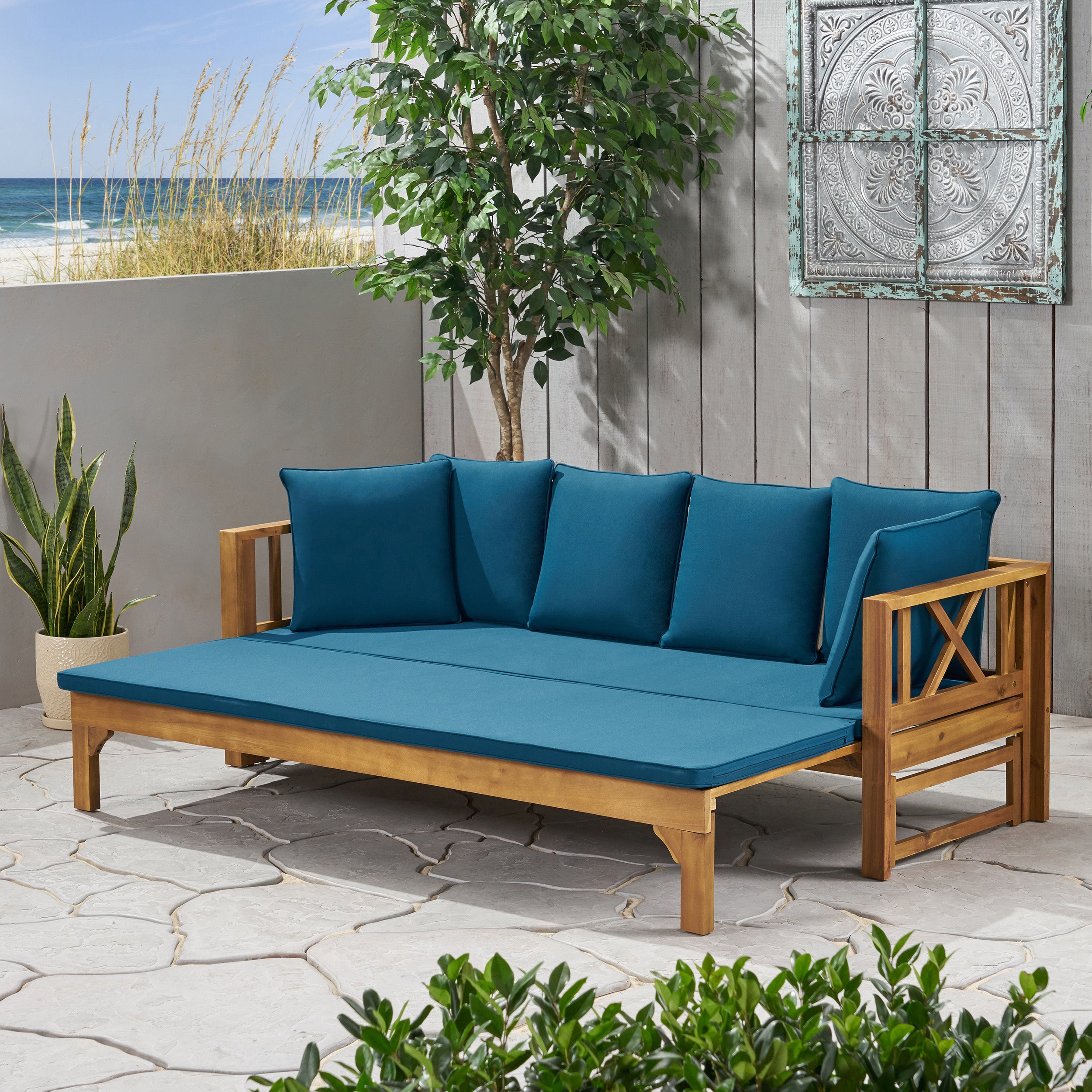 Camille Outdoor Extendable Acacia Wood Daybed Sofa