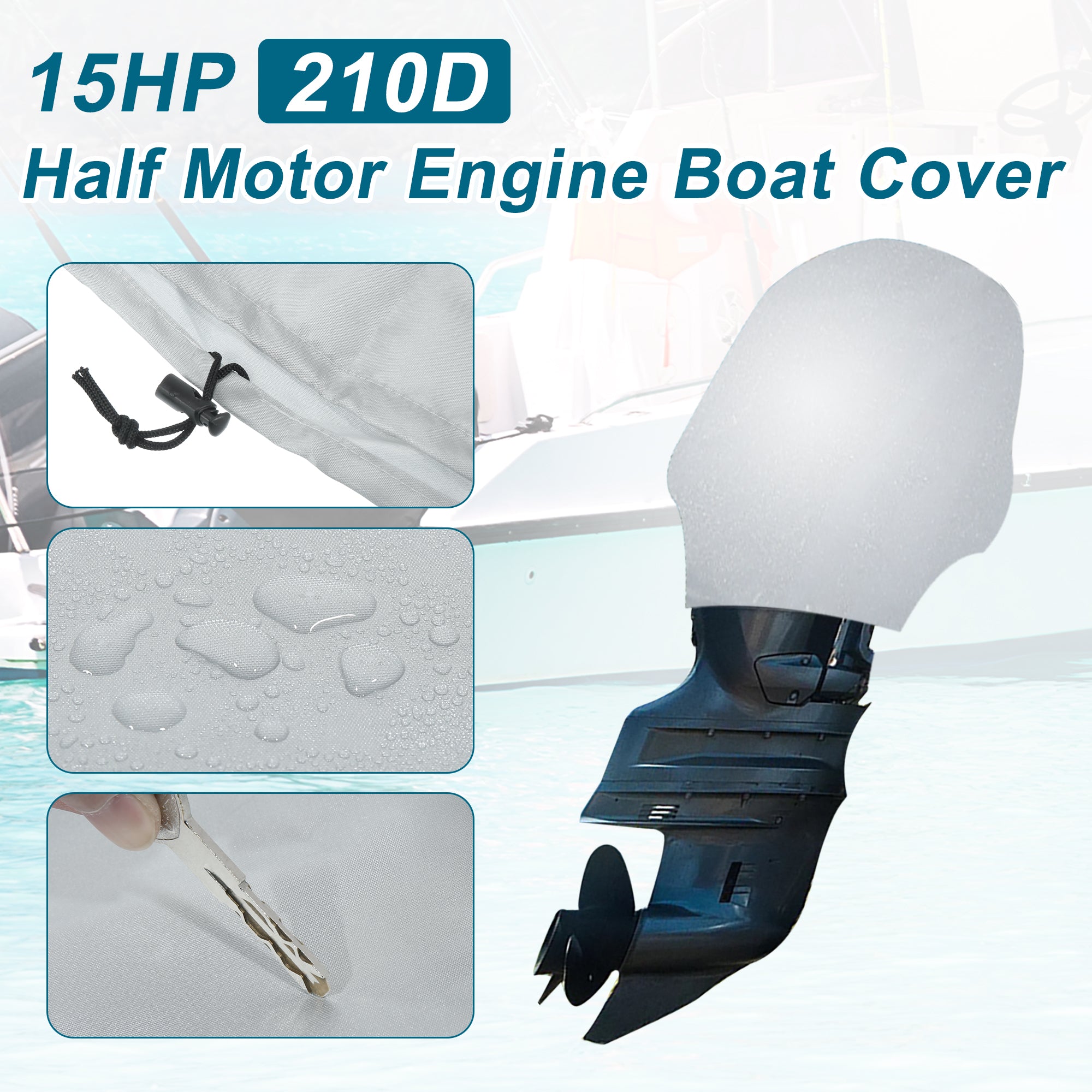 Motoforti Universal 15HP Outboard Half Motor Engine Cover Boat Cover Waterproof 210D Oxford Cloth Silver Tone