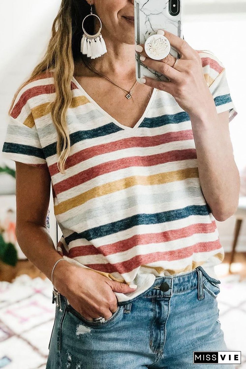 Multicolor Stripes V Neck T-shirt