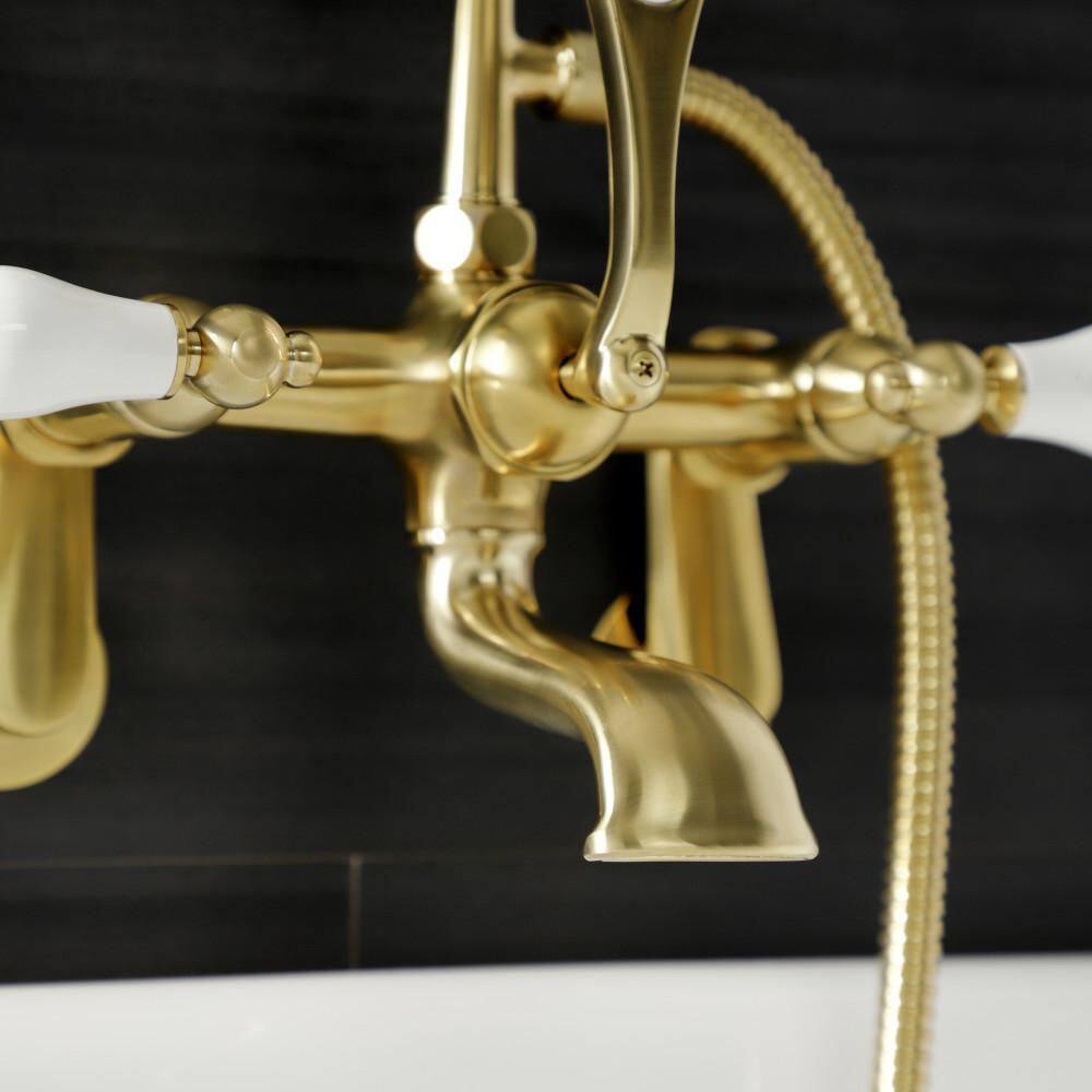 Kingston Brass Aqua Vintage 3-Handle Wall-Mount Clawfoot Tub Faucets with Hand Shower in Brushed Brass HAE55T7