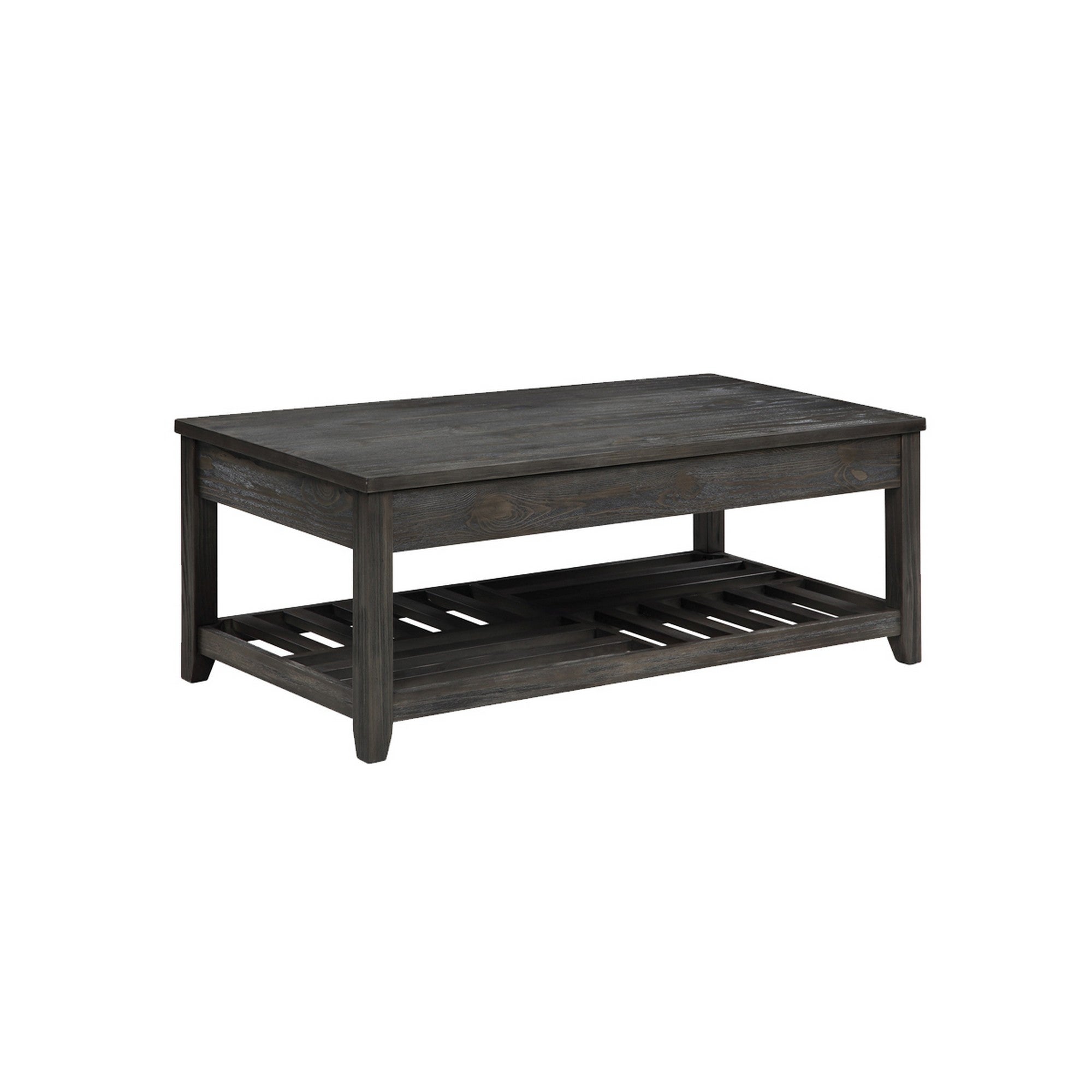 Transitional Style Wooden Coffee Table with Open Slatted Shelf， Gray